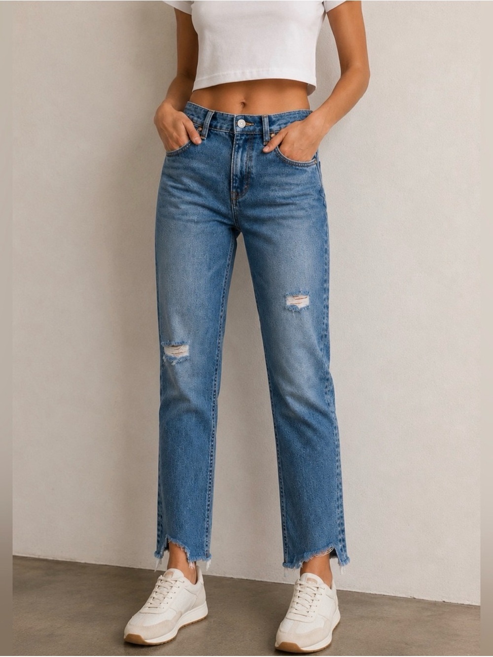 Acne Studios High Rise Straight Slim Jeans 26 Distressed Frayed Hem Blue Denim